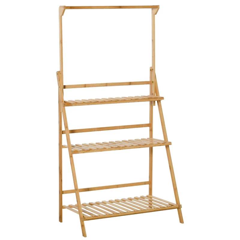 Outsunny Étagère à Fleurs Supports de Pots Porte Plante en Bois de Bambou 3 niveuax + Barre Support pour Pots Suspendus pour Intérieur Balcon Jardin Terrasse