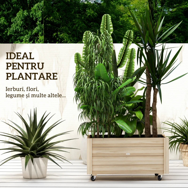 Outsunny Jardinieră de Gradină cu Orificiu de Drenaj și Căptușeală, Jardinieră din Lemn de Brad cu Roți, 89x48x47 cm, Lemn Natural