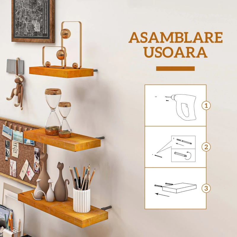 HOMCOM Set de 3 Rafturi de Perete din Lemn de Pin pentru Sufragerie, Dormitor si Studiou, 30/40/50x18x3.6cm, Maro