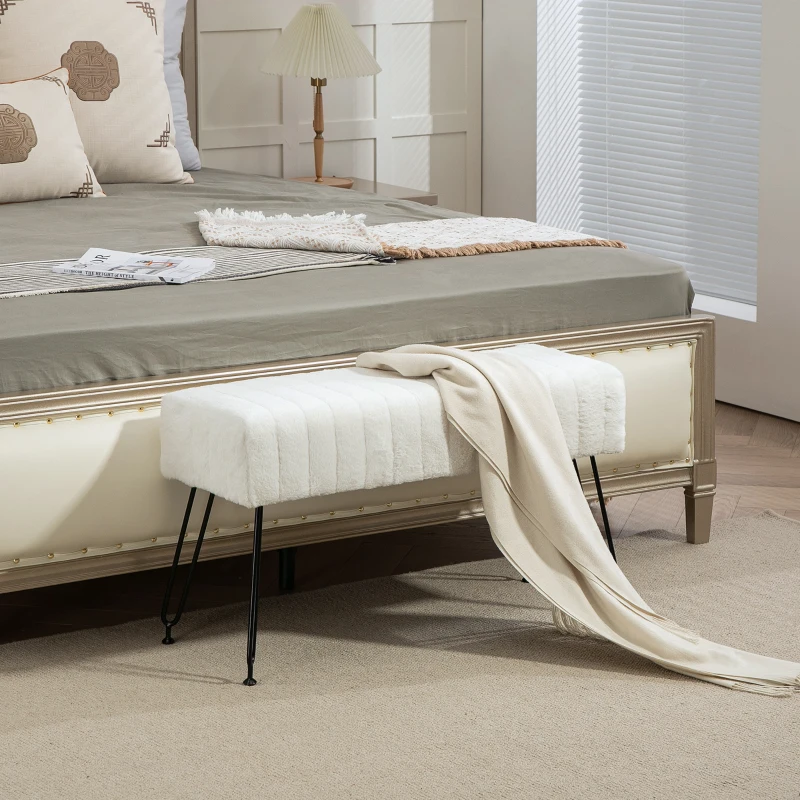 HOMCOM Zitbank, Gestikte Zitting, Kunstbontbekleding, Metalen Poten, tot 120 kg, 82x30x47 cm, Crèmewit/Zwart