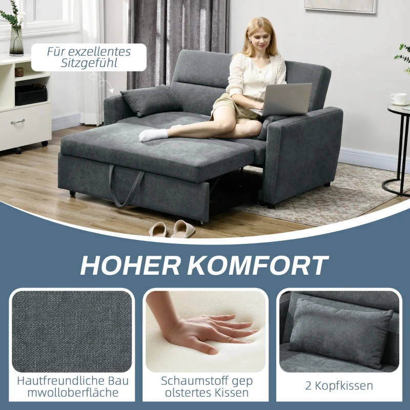 HOMCOM Schlafsofa, 2-Sitzer, ausklappbar, bis 200 kg, Holzrahmen, 155x90x88,5cm, Dunkelgrau(m-5)