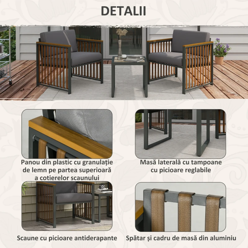 Outsunny Set de Mobilier de Grădină din 3 Piese, Set de 2 Canapele cu Perne Groase și Măsuță de Cafea, 66x68x68 cm, Gri
