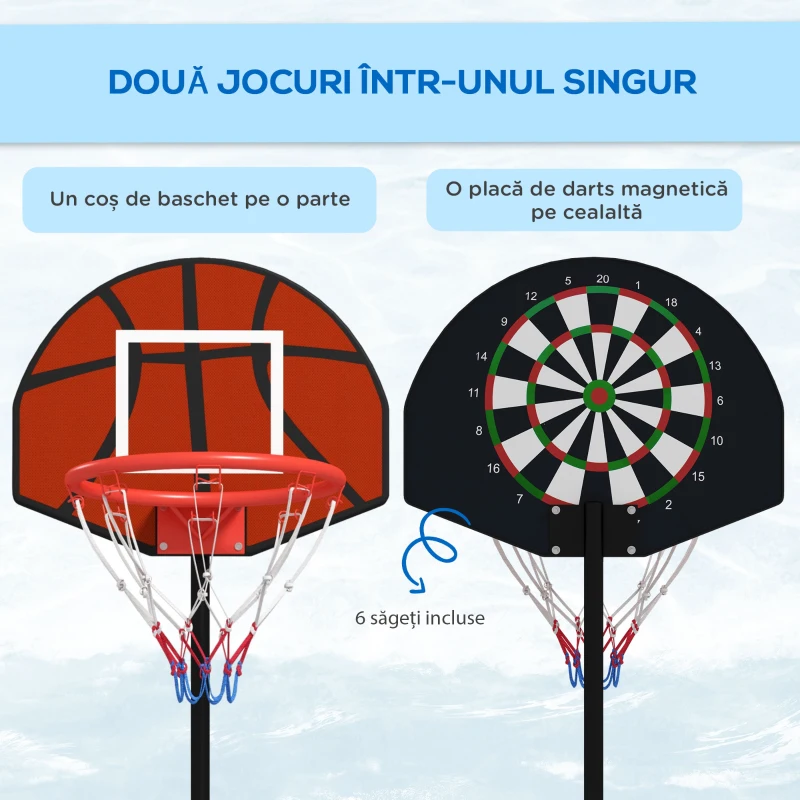 SPORTNOW Coș de Baschet și Stâlp cu Tablă de Darts Magnetică cu Săgeți, Coș de Baschet Reglabil în Înaltime, 38,5x48,5x179 cm, Negru