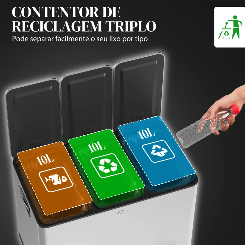 HOMCOM Balde de Lixo de Cozinha com 3 Compartimentos 3x10L com Pedais Tampas com Fechamento Suave e Cubo Amovível Prata
