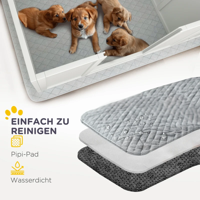 PawHut Werpbox voor Puppy's, met Ondermat, eenvoudig te reinigen, Hout, 166x80x50 cm, Wit(m-7)
