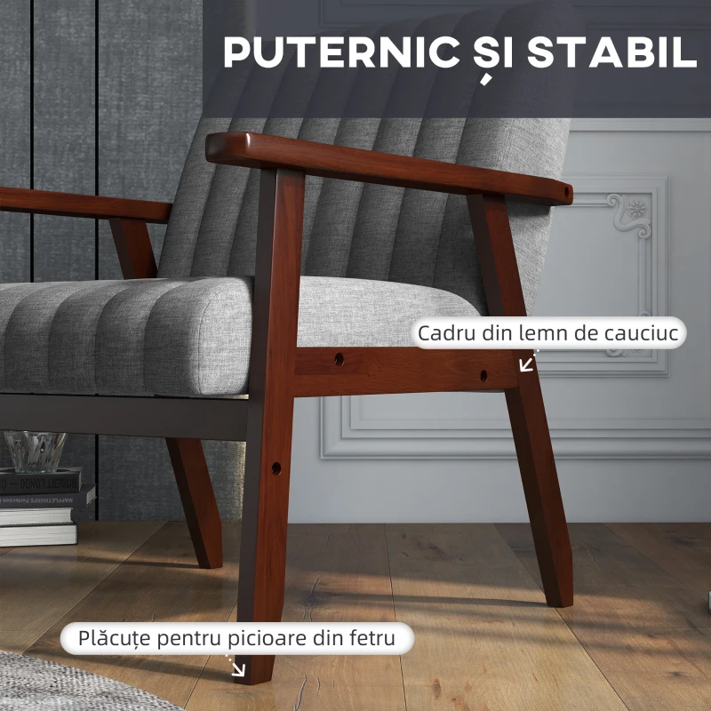 HOMCOM Fotoliu Tip Scaun din Material, Fotoliu Capitonat pentru Dormitor, Sufragerie, cu Picioare din Lemn, 64x74,5x75,5 cm, Gri