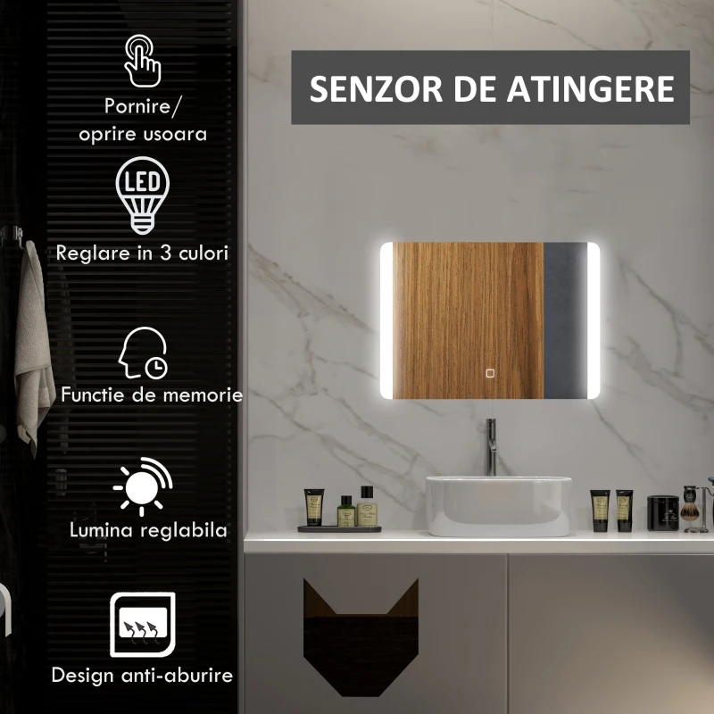 kleankin Oglinda pentru baie cu lumini LED, 70 x 50 cm