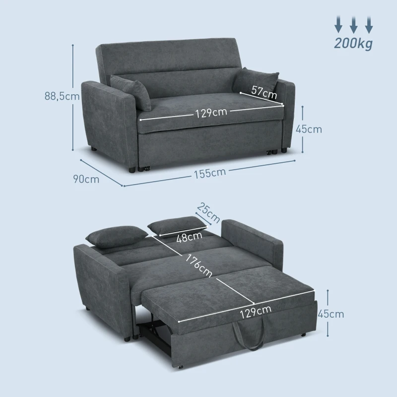 HOMCOM Schlafsofa, 2-Sitzer, ausklappbar, bis 200 kg, Holzrahmen, 155x90x88,5cm, Dunkelgrau(m-3)