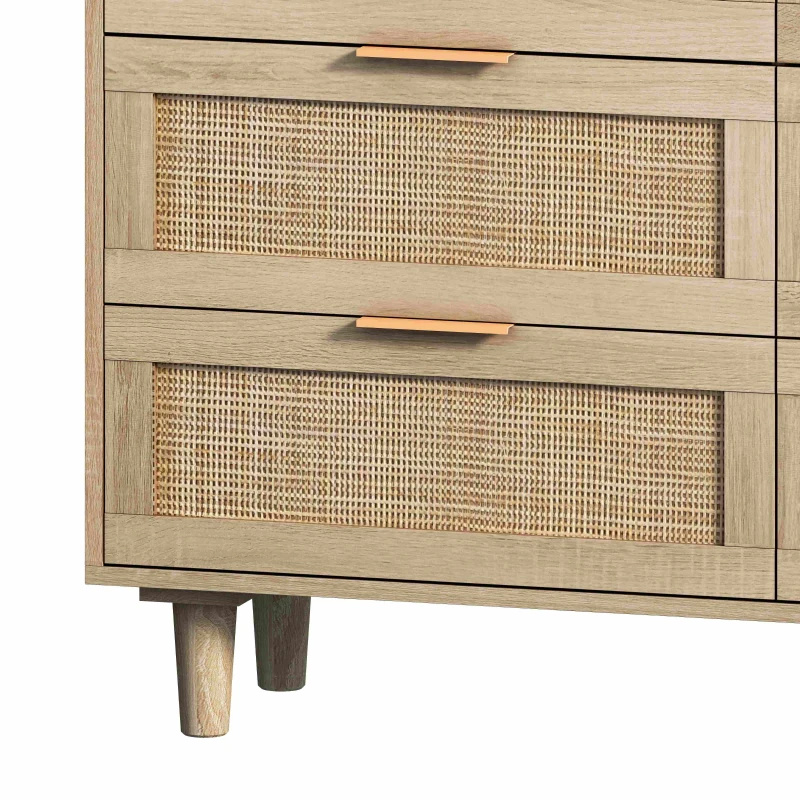 Commode de Rangement en Rotin avec 6 Tiroirs, Meuble de Rangement en Panneaux de Particules de Haute Qualité pour Chambre et Salon, Naturel