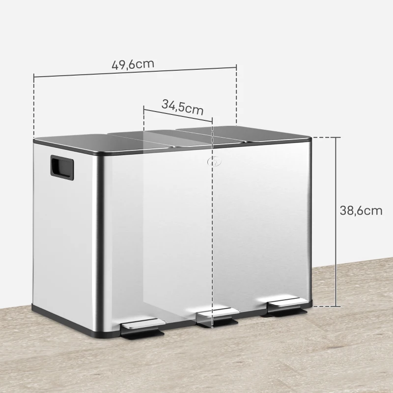 HOMCOM Balde de Lixo de Cozinha com 3 Compartimentos 3x10L com Pedais Tampas com Fechamento Suave e Cubo Amovível Prata