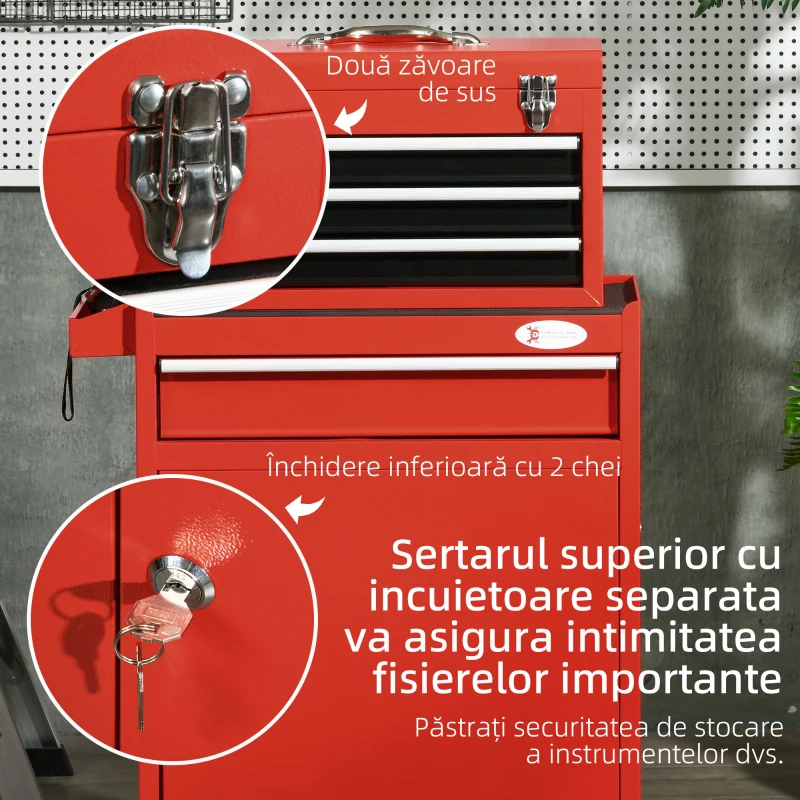 DURHAND Cutie pentru unelte pe roti cu 4 sertare rulante, Rosu