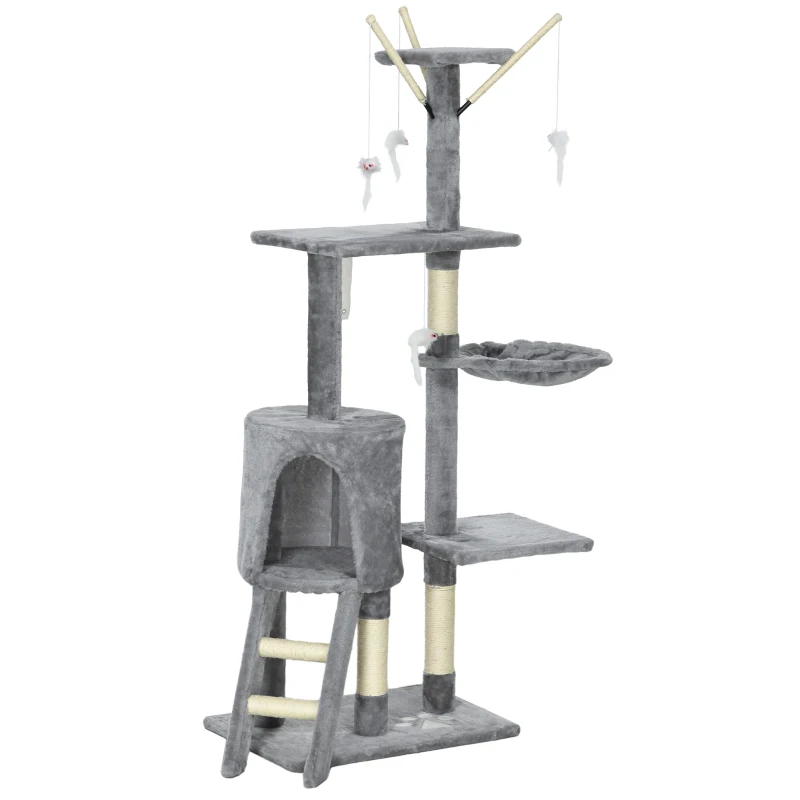 PawHut Arranhador para Gatos de 134,2 cm com Caverna Plataformas Rato de Brinquedo Rede e Postes de Sisal 50x35x134,2 cm Cinza
