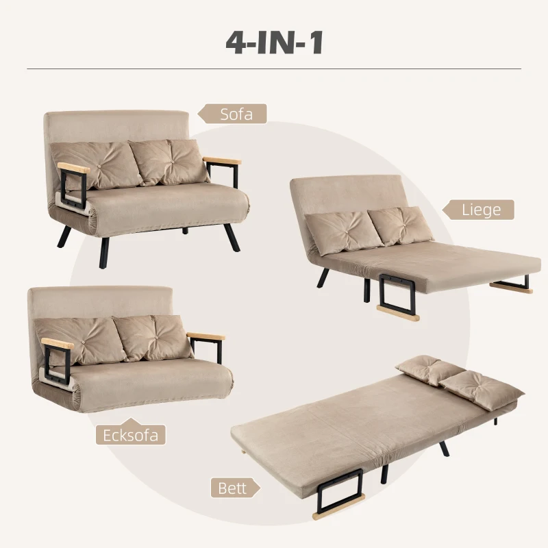 HOMCOM Slaapfauteuil met houten armleuningen, metalen frame, tot 120 kg voor kamer en slaapkamer voor gezinshuis, lichtbruin(m-4)