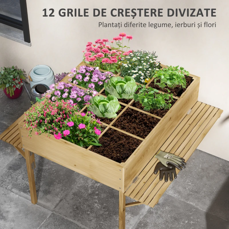 Outsunny Strat de Grădină Înălțat cu 12 Grile, Jardinieră Înălțată din Lemn cu Rafturi Laterale Pliabile, 122x91,5x89 cm, Lemn Natural