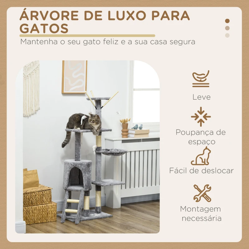 PawHut Arranhador para Gatos de 134,2 cm com Caverna Plataformas Rato de Brinquedo Rede e Postes de Sisal 50x35x134,2 cm Cinza