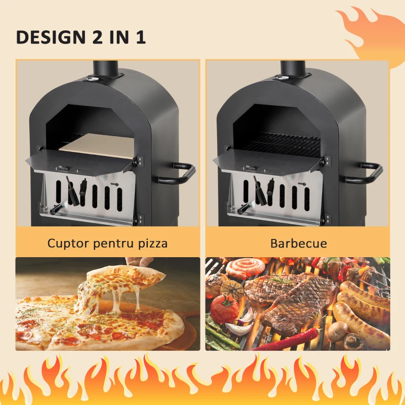 Outsunny Cuptor Portabil cu Cărbune pentru Pizza și Barbecue, Cuptor cu Lemne, Coș de Fum și Raft Inferior, 63x54x161 cm, Negru