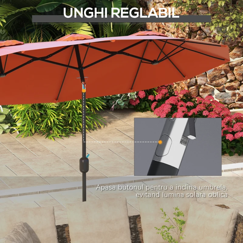 Outsunny Umbrela de soare de gradina basculabila dubla cu deschidere cu manivela, copertina cu orificii de ventilatie si 12 nervuri, 295x152x222cm, rosu