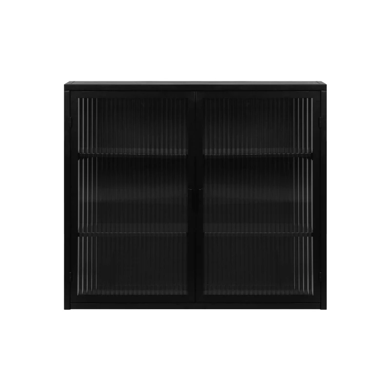 Credenza Moderna Ripostiglio a Due Ante con Vetrata e Ripiani a Tre Livelli per Ingresso, Soggiorno, Bagno e Sala da Pranzo, Nero