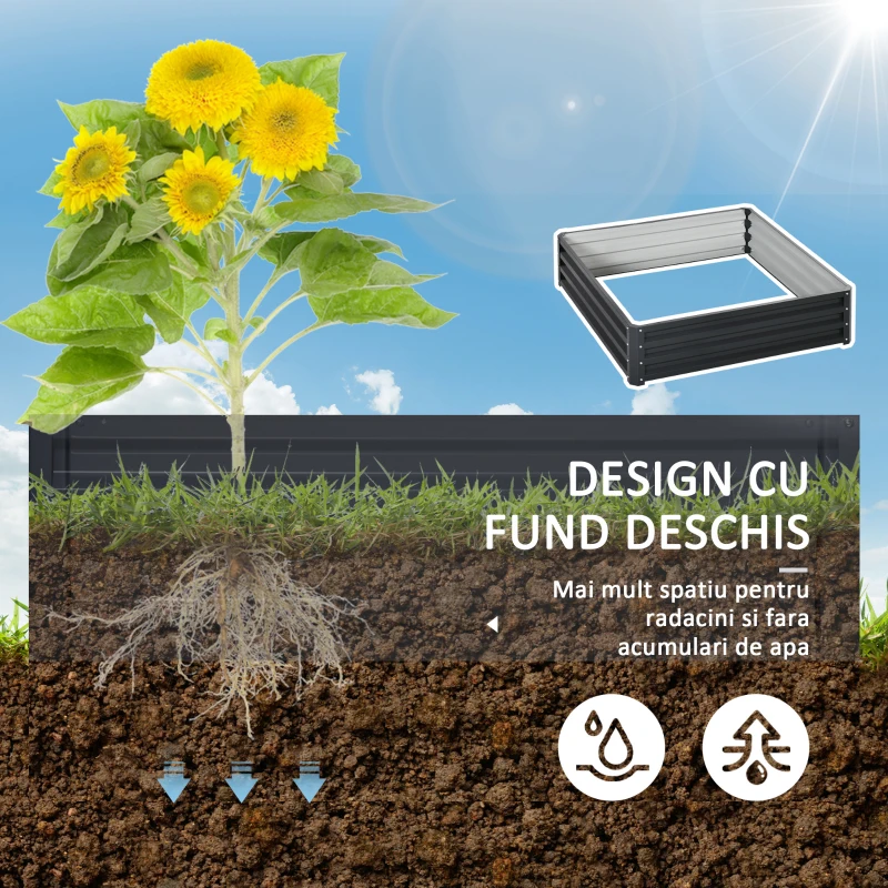 Outsunny Pat de Gradina Inaltat Galvanizat de 120x120x30cm, Jardiniera Pat Inaltat cu Cadru din Otel pentru Legume, Flori, Plante si Plante Aromatice, Gri