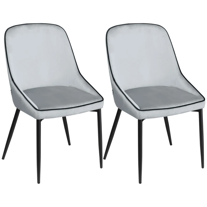 HOMCOM Lot de 2 chaises de salle à manger en tissu velours et pieds en acier noir - gris avec passepoil noir 50 x 56 x 84 cm