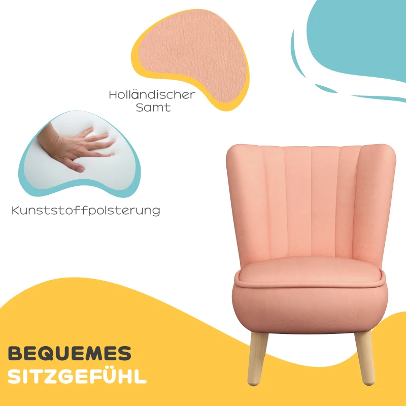 AIYAPLAY Kinderfauteuil in fluweeleffect, voor 3-7 jaar, tot 45 kg, Houten frame, 44x45x56,5cm, Roze