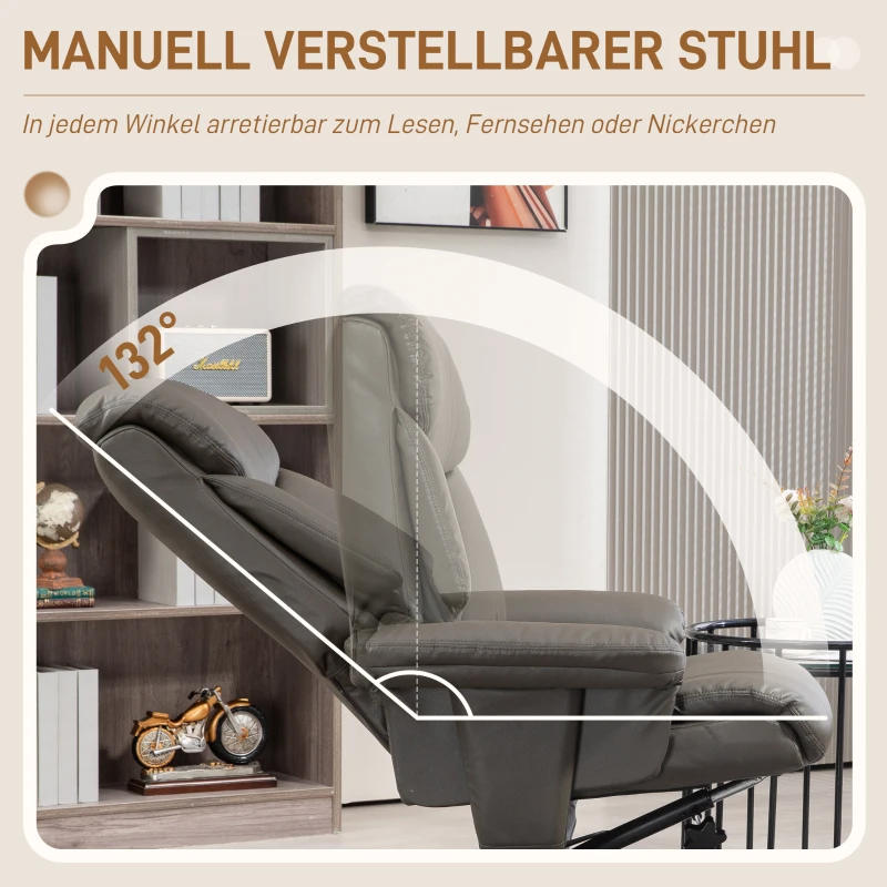 HOMCOM Relaxstoel met kruk, verstelbare rugleuning, kunstleer, tot 150 kg, grijs