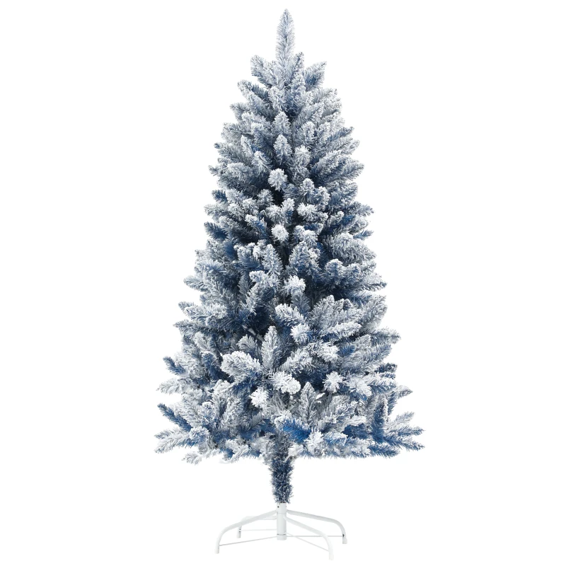 HOMCOM 5ft Flocked Artificial Christmas Tree with 450 Snow Frosted Tips, Metal Stand, Snowy Hinged Xmas Tree, Blue