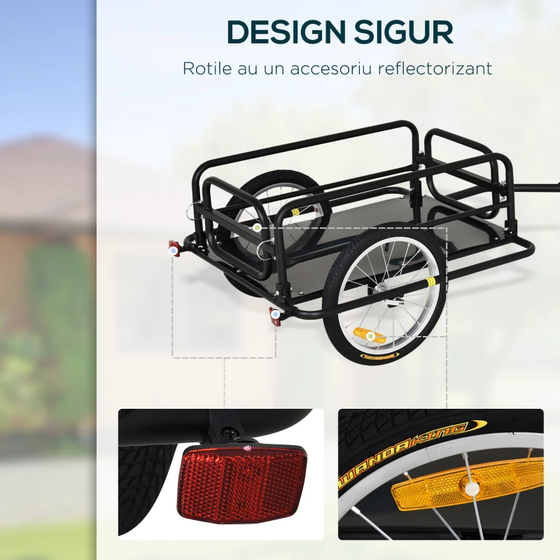 HOMCOM Cărucior pentru Bicicletă cu Pereți Pliabili și Detașabili, Remorcă pentru Bicicletă din Oțel și PE, 139x71.5x49 cm, Negru(m-4)