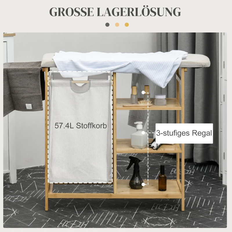 HOMCOM Wasmand, multifunctioneel, Stijkplank & Stoffen Zak 57L, Bamboe Frame, 113x34x82cm, Natuur/Grijs(m-4)