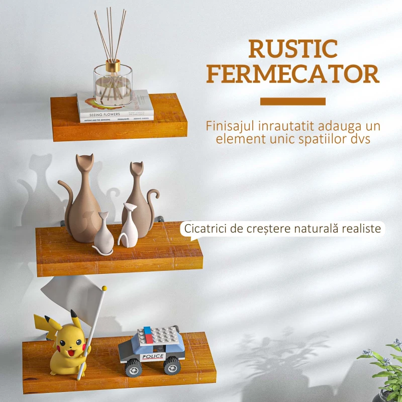 HOMCOM Set de 3 Rafturi de Perete din Lemn de Pin pentru Sufragerie, Dormitor si Studiou, 30/40/50x18x3.6cm, Maro