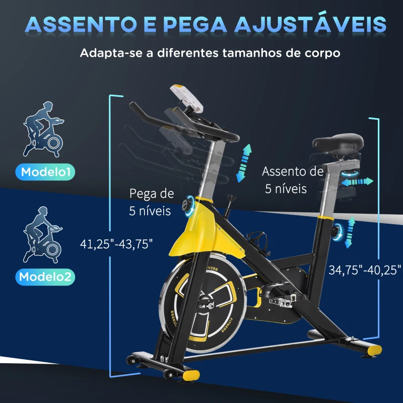 HOMCOM Bicicleta Estática com Resistência Ajustável Ecrã LCD Guiador e Assento Ajustáveis  45,5x100x101-113 cm Amarelo e Preto