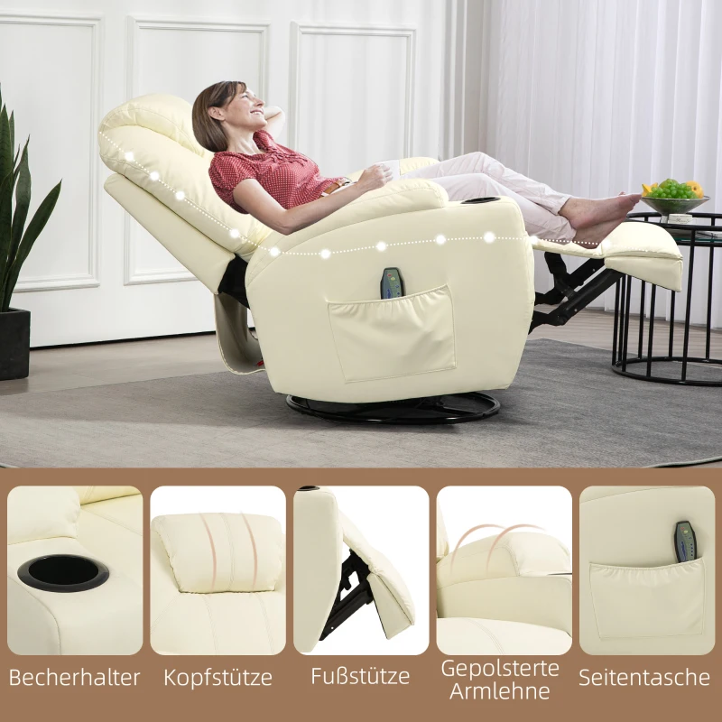 HOMCOM Relaxfauteuil met Massagefunctie, Kantelbare Rugleuning, Draaibaar, tot 150 kg, Kunstleer, Crèmewit