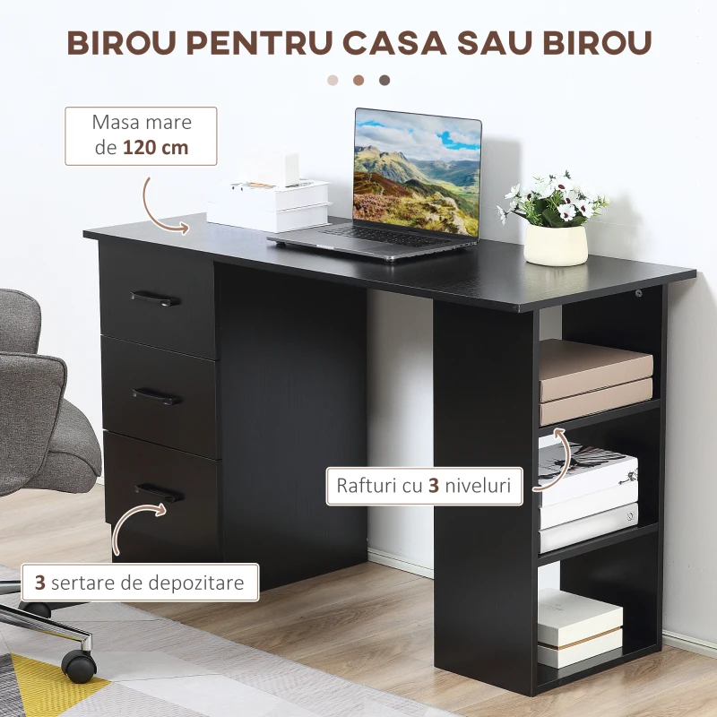 HOMCOM Birou Suport Calculator cu 3 Sertare si 3 Rafturi, Birou pentru Dormitor si Birou 120x49x72cm, Negru(m-4)