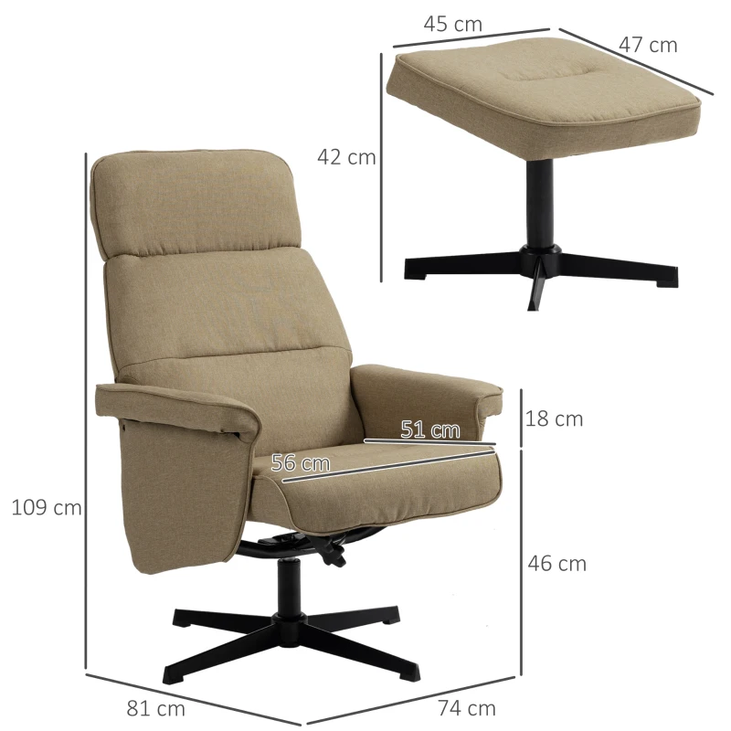 HOMCOM Fauteuil relax inclinable 135° pivotant 360° avec repose-pieds assise rembourée, beige