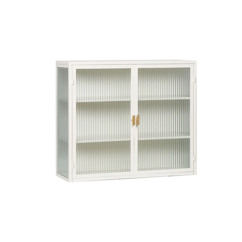 Moderne Wandschrank mit zwei Türen, Glaseinsatz und dreistufigen Regalen für Flur, Wohnzimmer, Badezimmer, Esszimmer, Antikweiß