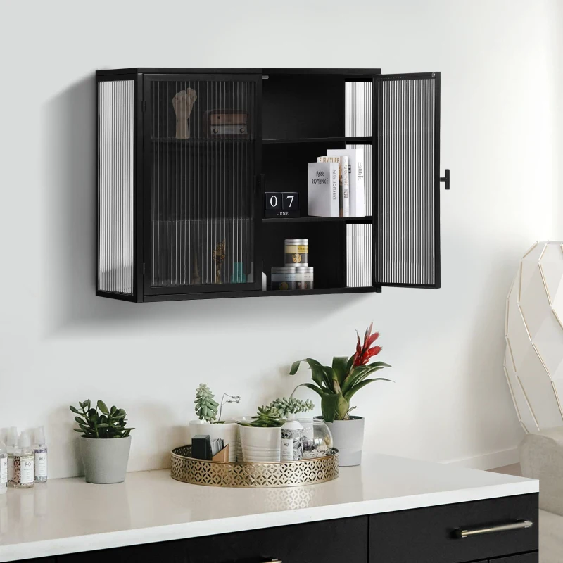 Credenza Moderna Ripostiglio a Due Ante con Vetrata e Ripiani a Tre Livelli per Ingresso, Soggiorno, Bagno e Sala da Pranzo, Nero