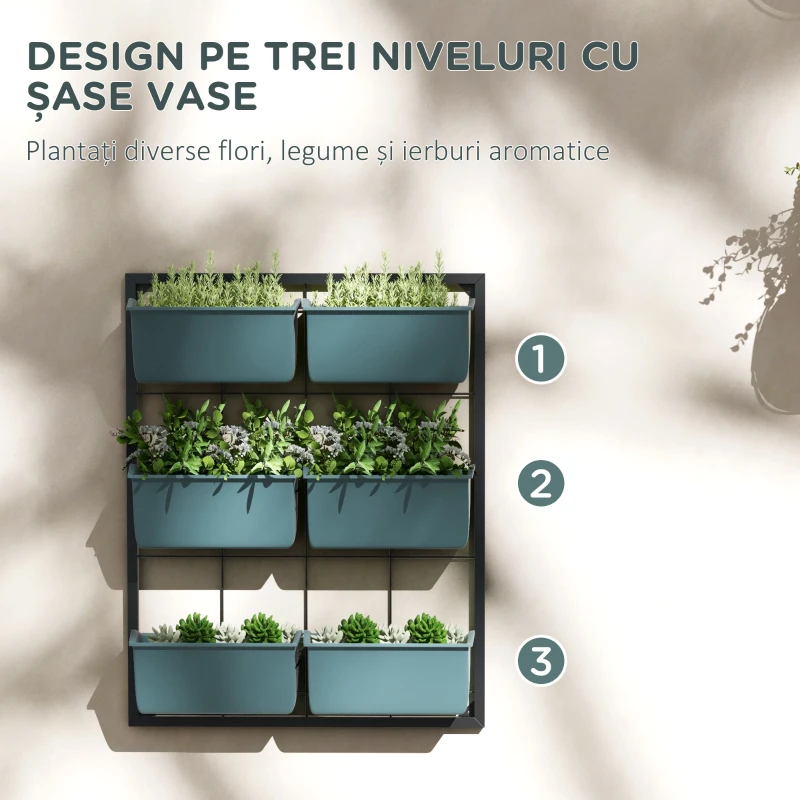 Outsunny Jardiniera de perete pe 3 nivele cu 6 ghivece pentru int