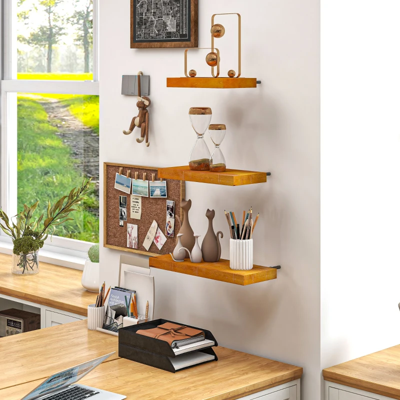 HOMCOM Set de 3 Rafturi de Perete din Lemn de Pin pentru Sufragerie, Dormitor si Studiou, 30/40/50x18x3.6cm, Maro