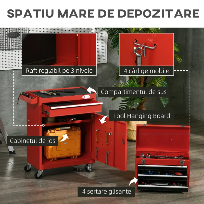 DURHAND Cutie pentru unelte pe roti cu 4 sertare rulante, Rosu