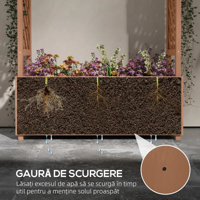 Outsunny Strat de Grădină Înălțat cu Grilaj și Acoperiș, Jardinieră din Lemn pentru Plante Cățărătoare, 112x41x180 cm, Maro