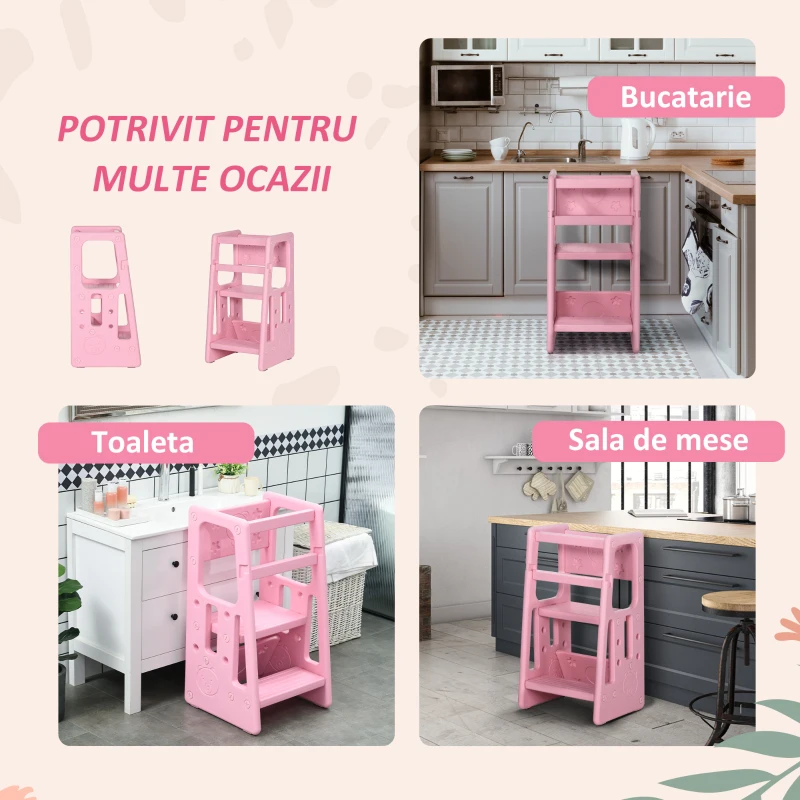 HOMCOM Scara pentru Copii 18-60 Luni cu 3 Niveluri si Inaltime Reglabila, Turnul Montessori din HDPE, 47x47x90 cm, Roz