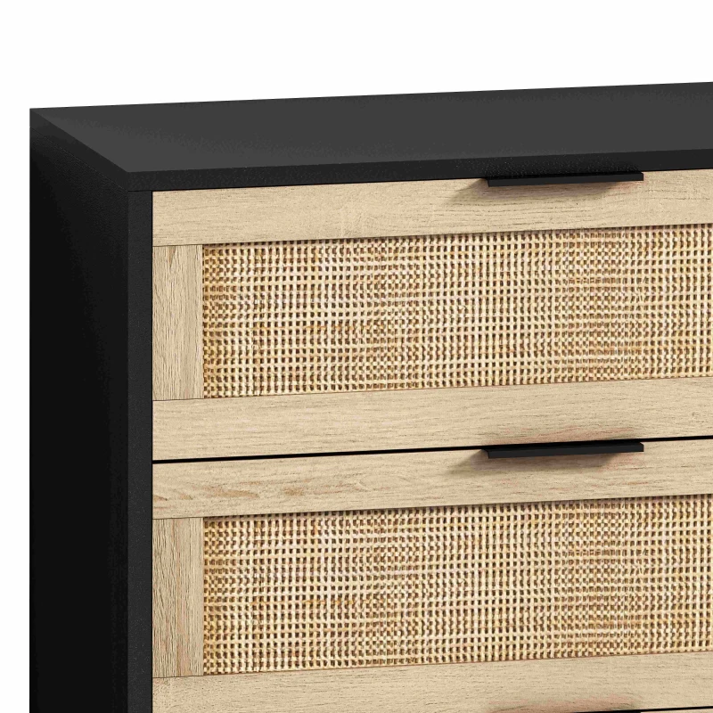 Meuble de Rangement en Rotin avec 6 Tiroirs pour Chambre et Salon, Commode en Panneaux de Particules de Haute Qualité, 130x40x75 cm, Noir