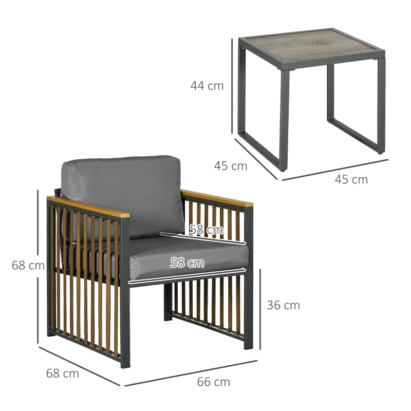Outsunny Set de Mobilier de Grădină din 3 Piese, Set de 2 Canapele cu Perne Groase și Măsuță de Cafea, 66x68x68 cm, Gri