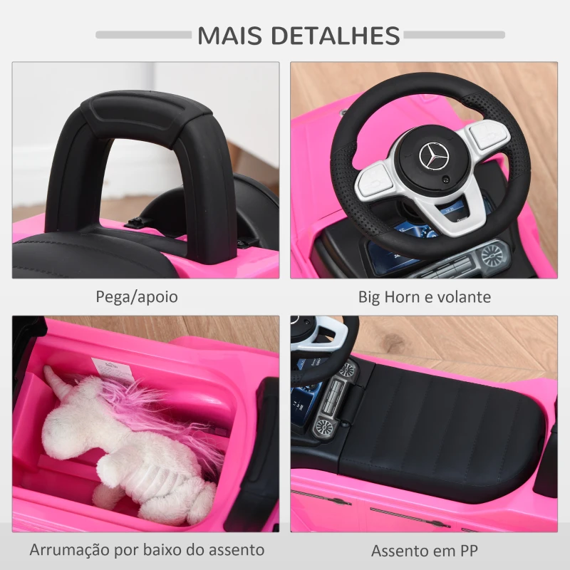 HOMCOM Carro Andador para Bebés com Licença Mercedes G350 com Compartimento de Arrumação e Volante Carga 25 kg 62,5x28,5x45 cm Rosa