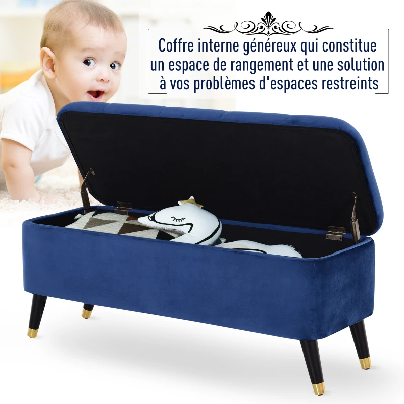 HOMCOM Banc de rangement, bout de lit, coffre de rangement, repose-pieds en velours côtelé avec couvercle, pour salon, chambre, entrée, 117 x 44 x 50 cm, bleu