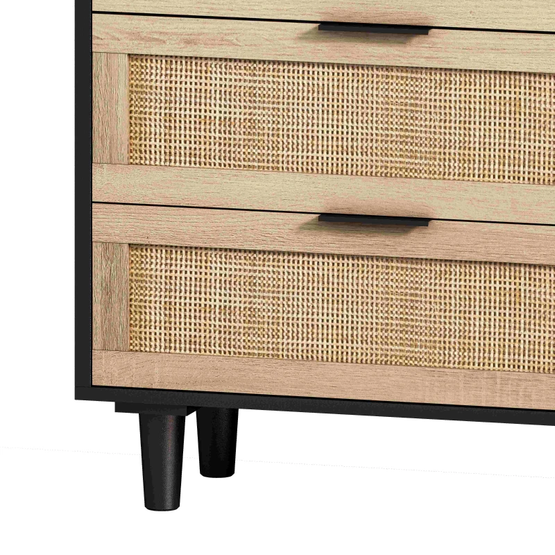 Meuble de Rangement en Rotin avec 6 Tiroirs pour Chambre et Salon, Commode en Panneaux de Particules de Haute Qualité, 130x40x75 cm, Noir