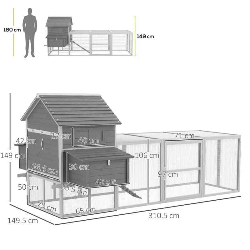 PawHut Cotet pentru Gaini Ouatoare pentru Exterior, Adapost cu Rampa si Zona imprejmuita, 310 cm(m-3)