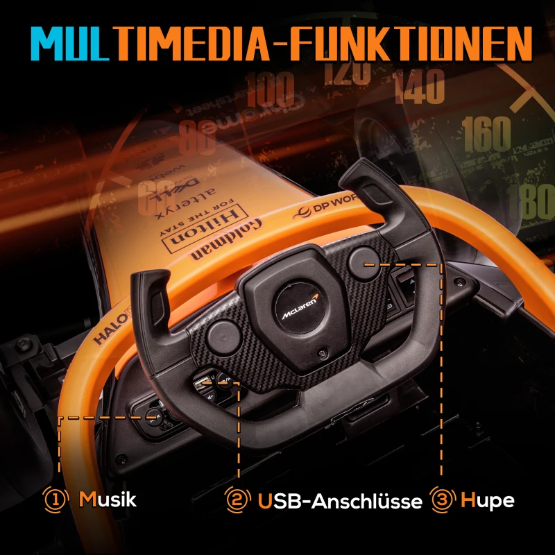 AIYAPLAY Elektrische Kinderauto, McLaren Formule 1, incl. Afstandsbesturing, Muziek, voor 3-5 Jaar, Oranje(m-6)
