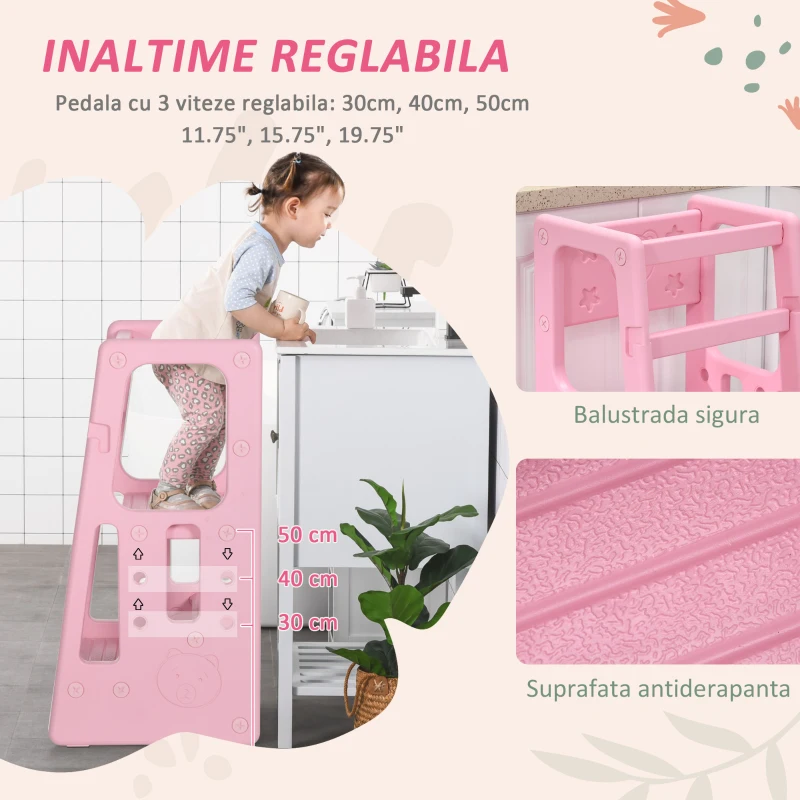 HOMCOM Scara pentru Copii 18-60 Luni cu 3 Niveluri si Inaltime Reglabila, Turnul Montessori din HDPE, 47x47x90 cm, Roz