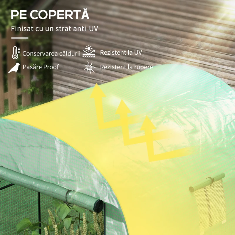 Outsunny Seră Tip Tunel din Polietilenă Cu Uși și Ferestre din Plasă, Cort cu Capac din PE și Cadru de Oțel, Verde 1,8x1,8x2 m